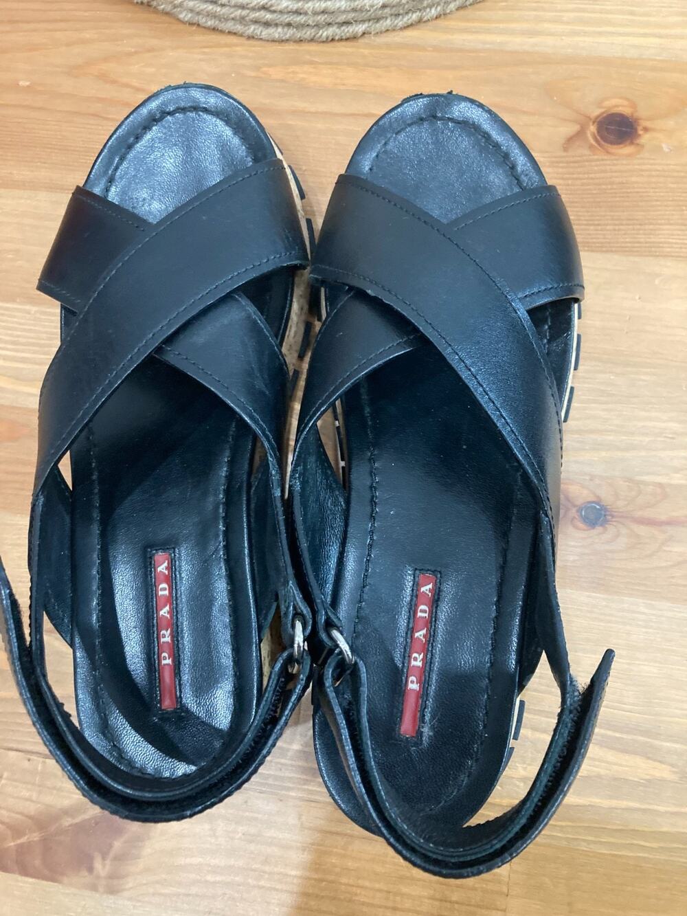 Authentic Prada Sport Linea Rossa Black Leather Crisscross Cork Platform Sandals